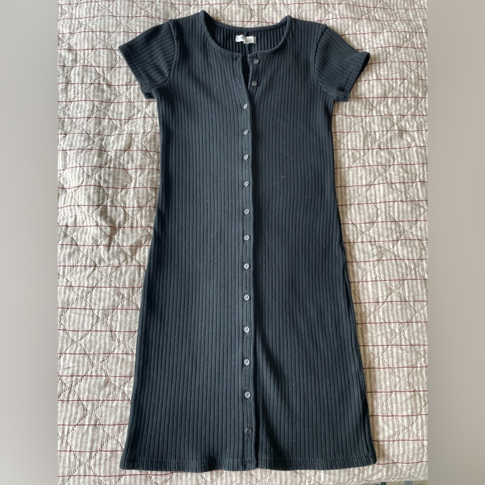 Madewell Black Short-Sleeve Ribbed Button-Front Dress